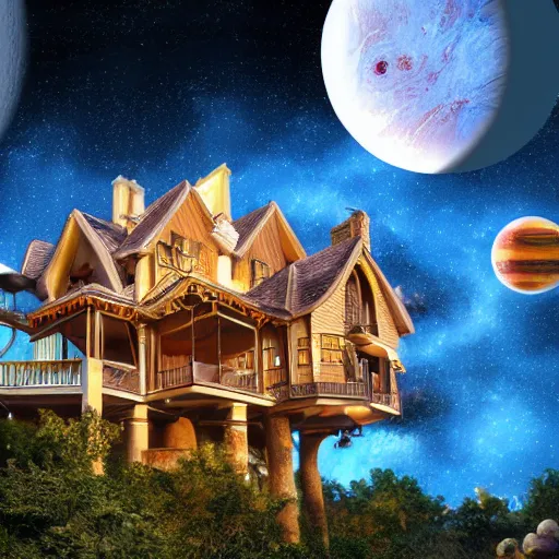 Prompt: fancy treehouse style mansion on saturn with view overlooking planet rings and space galaxy nebula background, luminescent detailed oil painting 4 k