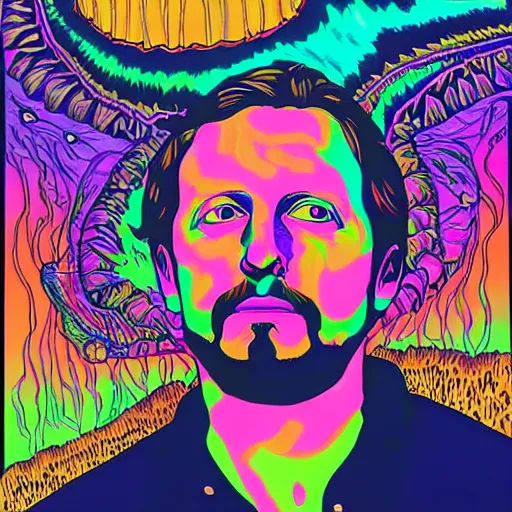 Image similar to sturgill simpson, portrait, by alex gray, dmt background, hallucinogenic, turtles all the way down