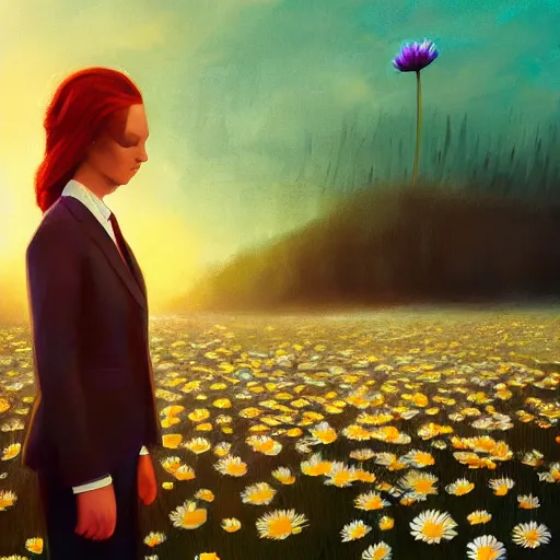 Image similar to huge daisy flower head, frontal, girl in a suit, surreal photography, sunrise, dramatic light, impressionist painting, digital painting, artstation, simon stalenhag