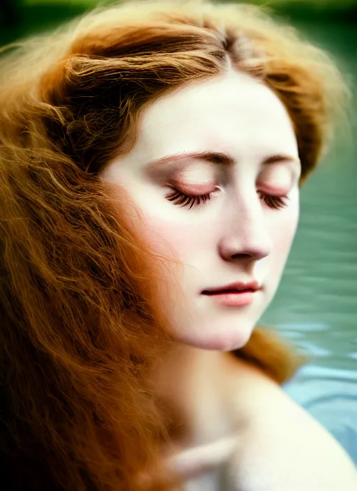 Image similar to Kodak Portra 400, 8K, soft light, volumetric lighting, highly detailed, sharp focus,britt marling style 3/4, Close-up portrait photography of a beautiful woman how pre-Raphaelites a woman with her eyes closed is surrounded by water , with the nape in the water, she has a beautiful lace dress and hair are intricate with highly detailed realistic beautiful flowers , Realistic, Refined, Highly Detailed, natural outdoor soft pastel lighting colors scheme, outdoor fine art photography, Hyper realistic, photo realistic