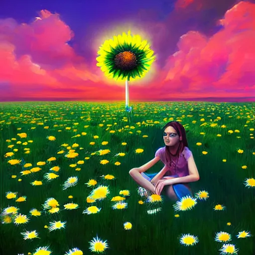 Image similar to giant daisies flower as head, girl sitting in a flower field, surreal photography, sunrise, dramatic light, impressionist painting, colorful clouds, digital painting, artstation, simon stalenhag