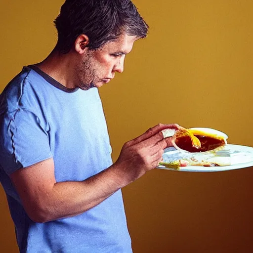 Prompt: “A man glaring angrily at his fried egg because the yolk broke”