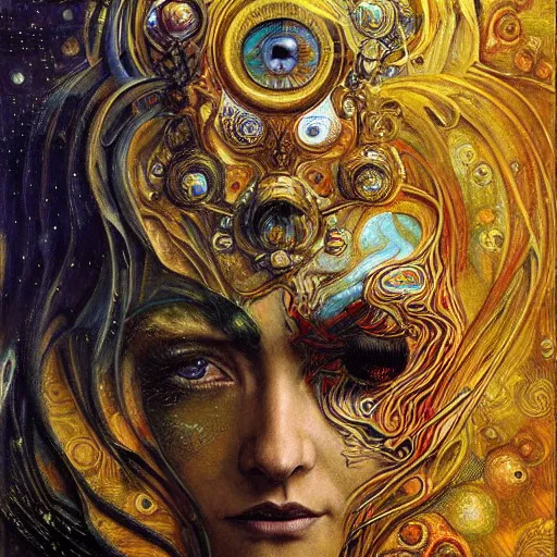 Image similar to Divine Chaos Engine by Karol Bak, Jean Deville, Gustav Klimt, and Vincent Van Gogh, beautiful visionary mystical portrait, otherworldly, fractal structures, ornate gilded medieval icon, third eye, spirals