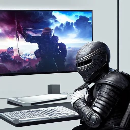 Image similar to a darc age knight sitting in front of a modern pc playing games, ultra realistic details, trending on artstation, 8 k