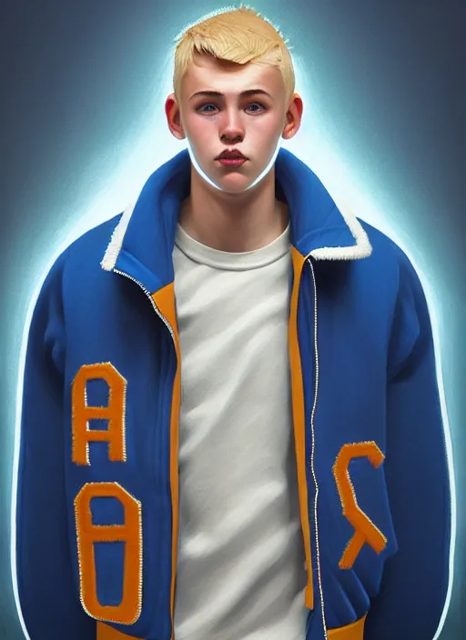 Image similar to portrait of high school senior boy named big moose, blonde short hair, jock, beefy, wide face, square jaw, square facial structure, blue varsity jacket with letter r, intricate, elegant, glowing lights, highly detailed, digital painting, artstation, concept art, sharp focus, illustration, art by wlop, mars ravelo and greg rutkowski