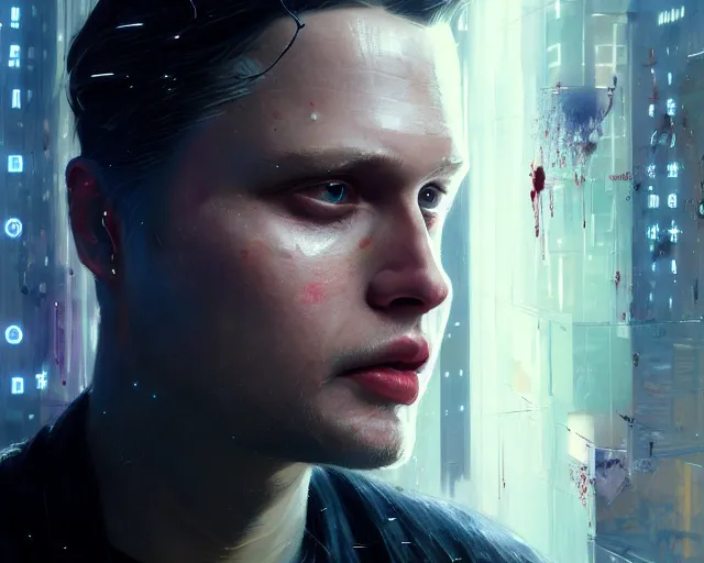 Image similar to highly detailed portrait of michael pitt as an android covered in blood, in detroit : become human, stephen bliss, unreal engine, fantasy art by greg rutkowski, loish, rhads, ferdinand knab, makoto shinkai and lois van baarle, ilya kuvshinov, rossdraws, tom bagshaw, global illumination, radiant light, detailed and intricate environment