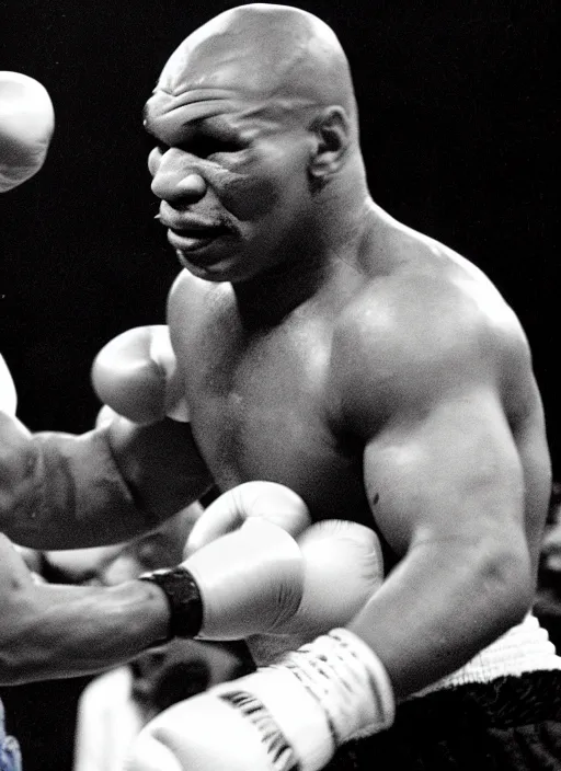 Prompt: a photograph of Mike Tyson punching himself in the head