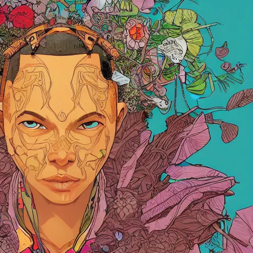 Prompt: detailed comic illustration of a beautiful flower growing out of the head of a young mixed race explorer's head, cyberpunk headpiece, facing away, intricate details, vibrant, negative space, by Josan Gonzalez and Geof Darrow, highly detailed, 8k wallpaper