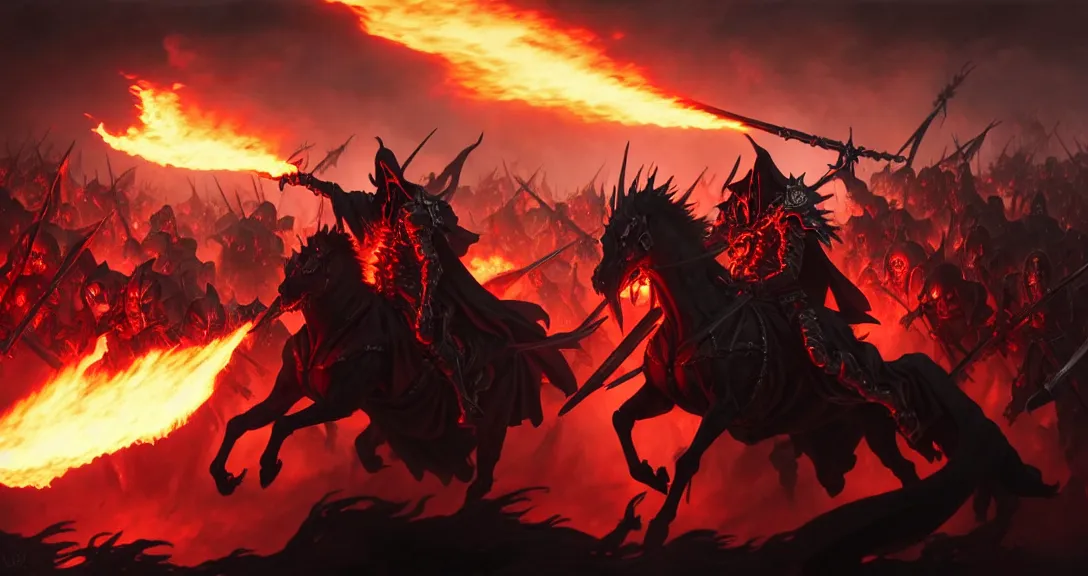 Image similar to ainz ooal gown leading his undead army to battle riding a flaming horse, undead soldiers in background, battlefield, highly detailed, deep focus, elegant, artstation, digital painting, smooth, sharp focus, illustration, ultra realistic, 8 k, art by artgerm and greg rutkowski and alphonse mucha