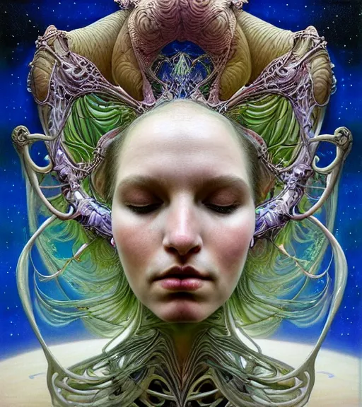 Prompt: detailed!!! realistic beautiful young groovypunk queen of andromeda galaxy in full regal attire. face portrait. art nouveau, symbolist, visionary, baroque, giant fractal details. horizontal symmetry by zdzisław beksinski, iris van herpen, raymond swanland and alphonse mucha. highly detailed, hyper - real, beautiful