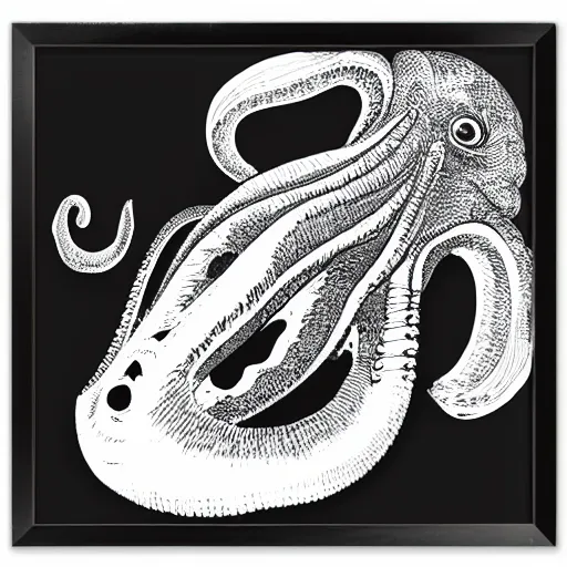 Image similar to very angry squid, 🦑 design in square frame, black and white, mad cuttlefish