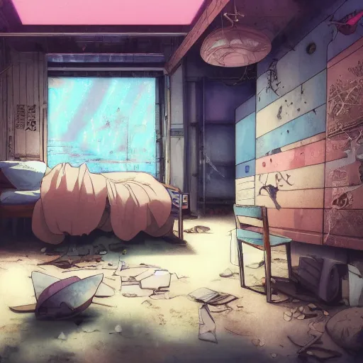 Image similar to anime background of the interior of a bedroom in the slums with a loft bed, book case, computer desk, blowling alley carpet, and built from various coral seashells and being reclaimed by nature, nostalgia, vaporwave, litter, steampunk, cyberpunk, caustics, anime, vhs distortion, dynamic shot, cinematic letterbox, art created by miyazaki