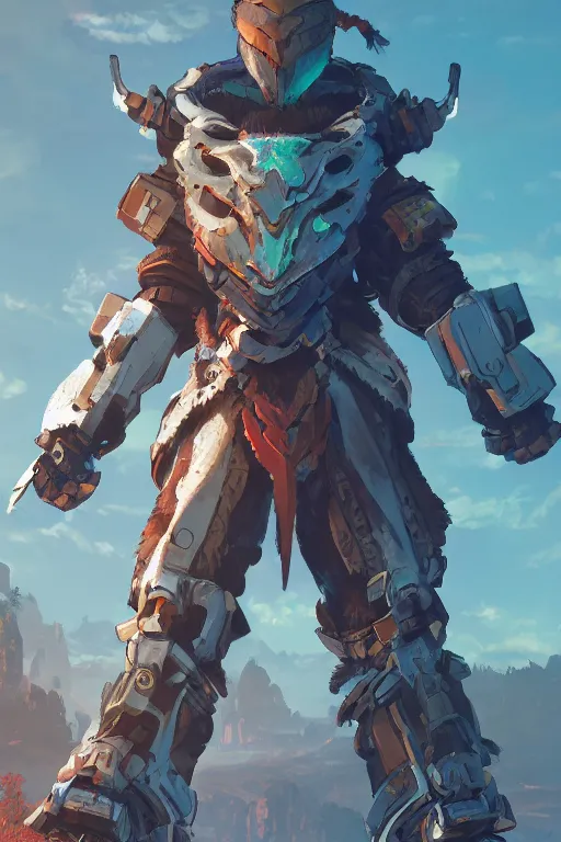 Image similar to combination suit armor aloy horizon forbidden west horizon zero dawn radiating a glowing aura global illumination ray tracing hdr fanart arstation by ian pesty and alena aenami artworks in 4 k tribal robot ninja mask helmet backpack