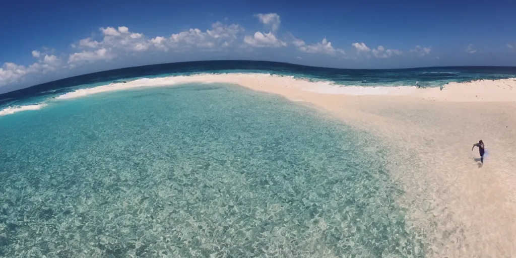 Image similar to gopro footage of a man walking into the ocean, azure blue water, slight grain