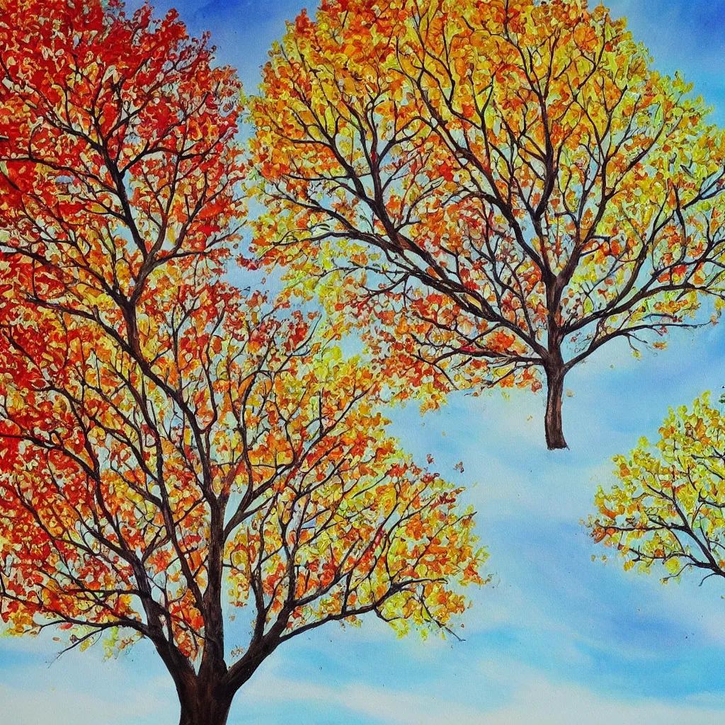 Image similar to a beautiful painting of one single tree representing all four seasons. Spring, Summer, Autum, Winter.