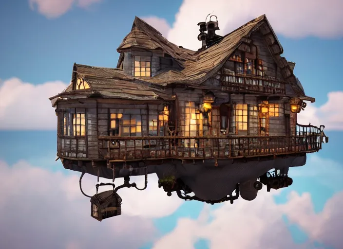 Prompt: cosy happy house floating in the sky with forest, clouds, steampunk, science fiction, magical fantasy, hyperealism unreal engine blender 3 d video game, masterpiece