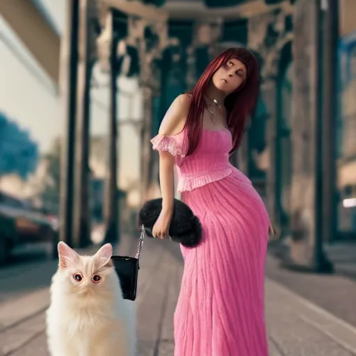 Image similar to A Full body photo of a beautiful girl with long dark pink hair waiting at a crowded bus stop, wearing a puffed Turquoise dress and high heels, holding a white fluffy kitten, fashion photography, hyperrealistic, highly detailed, highly focused, depth of field, High definition, 8k, octane render, artstation