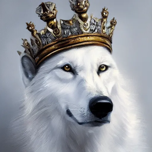 Image similar to A portrait of a white wolf wearing a crown, oil painting, masterpiece, artstation