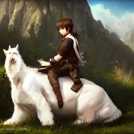 Image similar to a person hugging a large white animal, a detailed painting by krenz cushart, pixiv contest winner, fantasy art, official art, detailed painting, pixiv. highly detailed. 4 k masterpiece. unreal engine. photorealistic. realism. cinematic. photorealism. wideshot