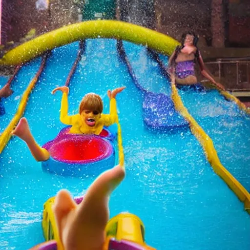 Prompt: a Still from a pixar movie of kids coming down a waterslide