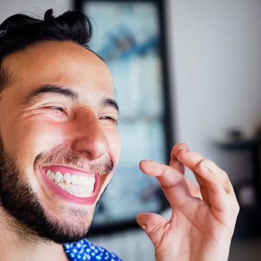 Image similar to Fisheye lens 1 inch from a man's face as he smiles widely