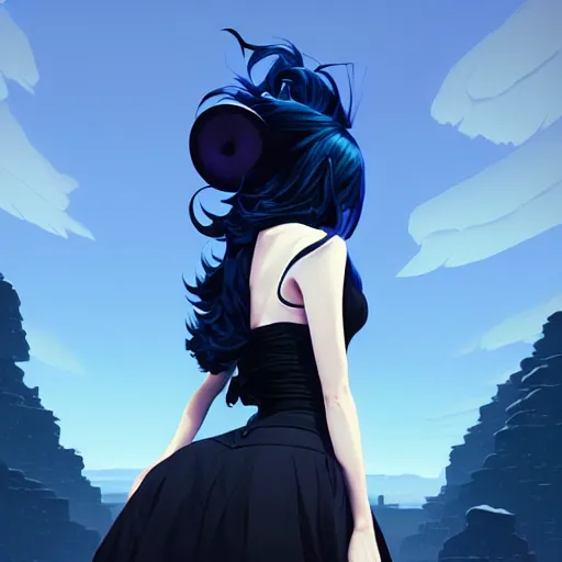 Image similar to low - angle shot from behind of a long blue - haired girl in a tailcoat overlooking noxus, noir, screenshot, sharp focus, intricate, illustration, cell shaded, digital painting, highly detailed, art by ilya kuvshinov, wlop, greg rutkowski, studio quality, james jean