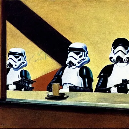 Prompt: stormtroopers in Nighthawks 1942 Painting by Edward Hopper