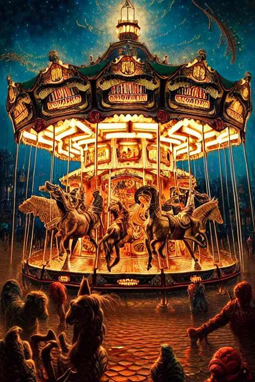 Prompt: intricate detailed Carousel james gurney,dan luvisi,Petros Afshar,tim hildebrandt,liam wong,Mark Riddick,thomas kinkade,ernst haeckel,dan mumford,trending on artstation,josephine wall, WLOP ,cgsociety by Gediminas Pranckevicius, trending on cgsociety and DeviantArt