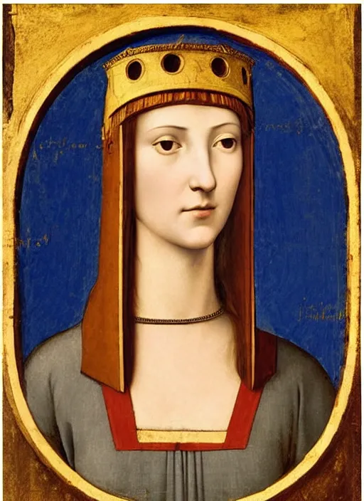 Image similar to portrait of young woman in renaissance dress and renaissance headdress, art by giotto