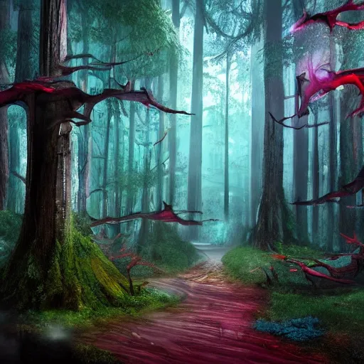 Image similar to fantasy forest, lush, epic fantasy, dark cyan accents, dark red accents
