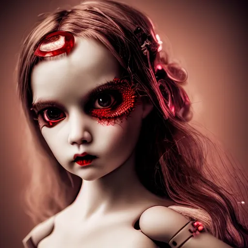 Prompt: Gorgeous feminine porcelain doll with cracking skin and machine parts, glowing red eyes, full body portrait, wires, cyborg, beautiful shattered porcelain skin, gothic, steampunk, glowing red eyes, magic runes, feminine anatomy, witchcraft, hex, shadows, cinematic lighting, octane render, 8k high detail