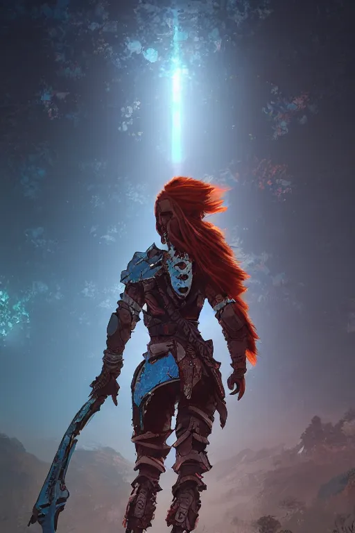 Image similar to combination suit armor aloy horizon forbidden west horizon zero dawn radiating a glowing aura global illumination ray tracing hdr fanart arstation by ian pesty and alena aenami artworks in 4 k tribal robot ninja mask helmet backpack