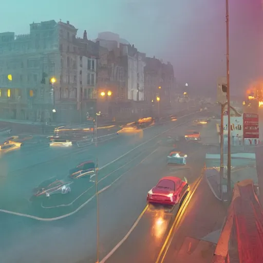 Image similar to A stunningly beautiful award-winning 8K high angle cinematic movie photograph of a foggy main intersection in an quiet 1950s small town at night, by Edward Hopper and David Fincher and Darius Khonji, cinematic lighting, perfect composition, moody low key volumetric light. Color palette from Seven, greens yellows and reds. 2 point perspective