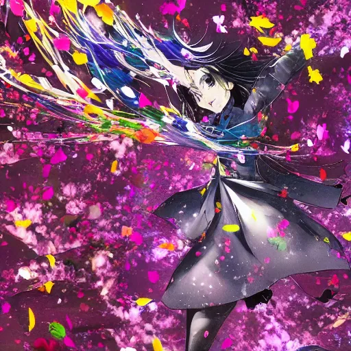 Image similar to background art of spaciously scattered multi colored flower petals flowing through the air from left to right on a clean background, anime, artgerm, manga, trending on artstation, yoji shinkawa