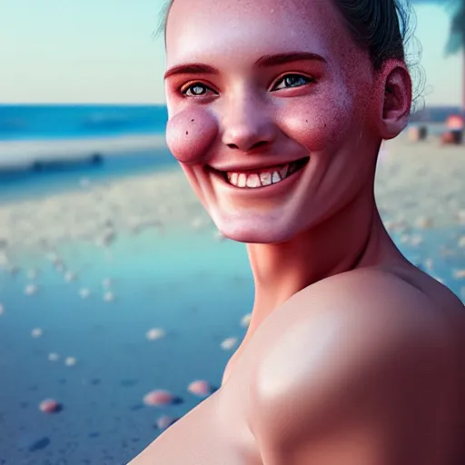 Image similar to portrait of a cute thin young woman, red blush, cute freckles, smug smile, modern clothes, relaxing on the beach, golden hour, close up shot, 8 k, art by irakli nadar, hyperrealism, hyperdetailed, ultra realistic