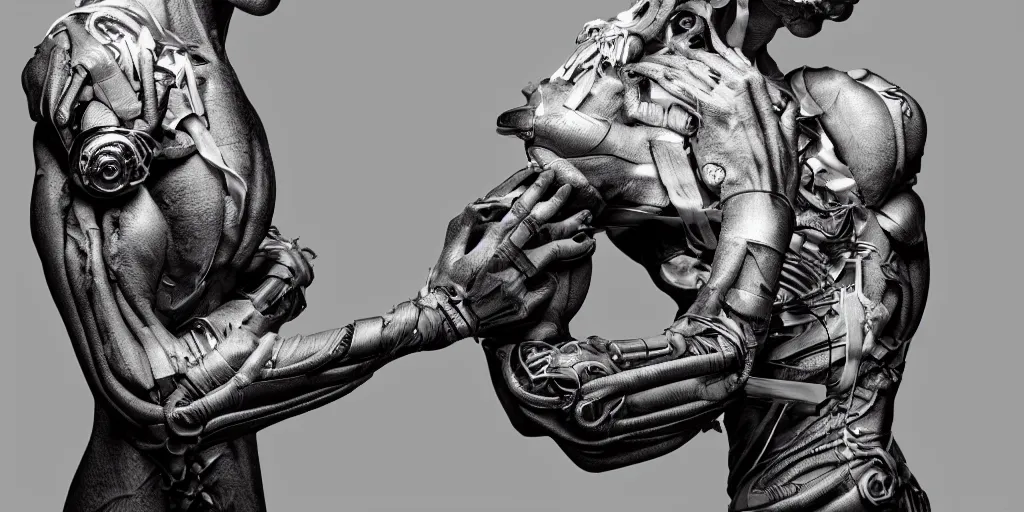 Image similar to hyper realistic photography of a stunningly beautiful cyborg male, elbow, plated arm, intimate, holding hands, ribbons, in the style of beth cavener, jin kagetsu,, and wlop, highly detailed, intricate filigree, symmetry, masterpiece, award winning, sharp focus, concept art, ringflash, ambient lighting, octane render, 8 k, artstation