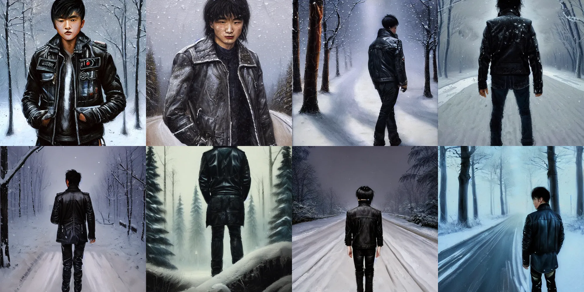 Prompt: beautiful snow - covered victor tsoi korean young man from back in pacing on road in park with pines, dressed in leather jacket, night, 1 9 8 0 s mullet haircut, half - length portrait, perfect symmetrical eyes, cinematic by peter mohrbacher, detailed, hyperrealism, igla