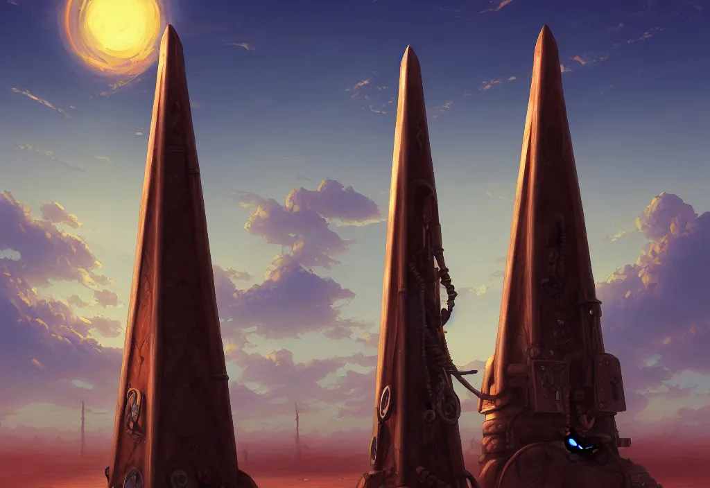 Prompt: a steampunk obelisk in a gloomy desert at dawn, intricate oil painting, high detail illustration, sharp high detail, manga and anime 1 9 9 9, official fanart behance hd artstation by jesper ejsing and makoto shinkai, 4 k,