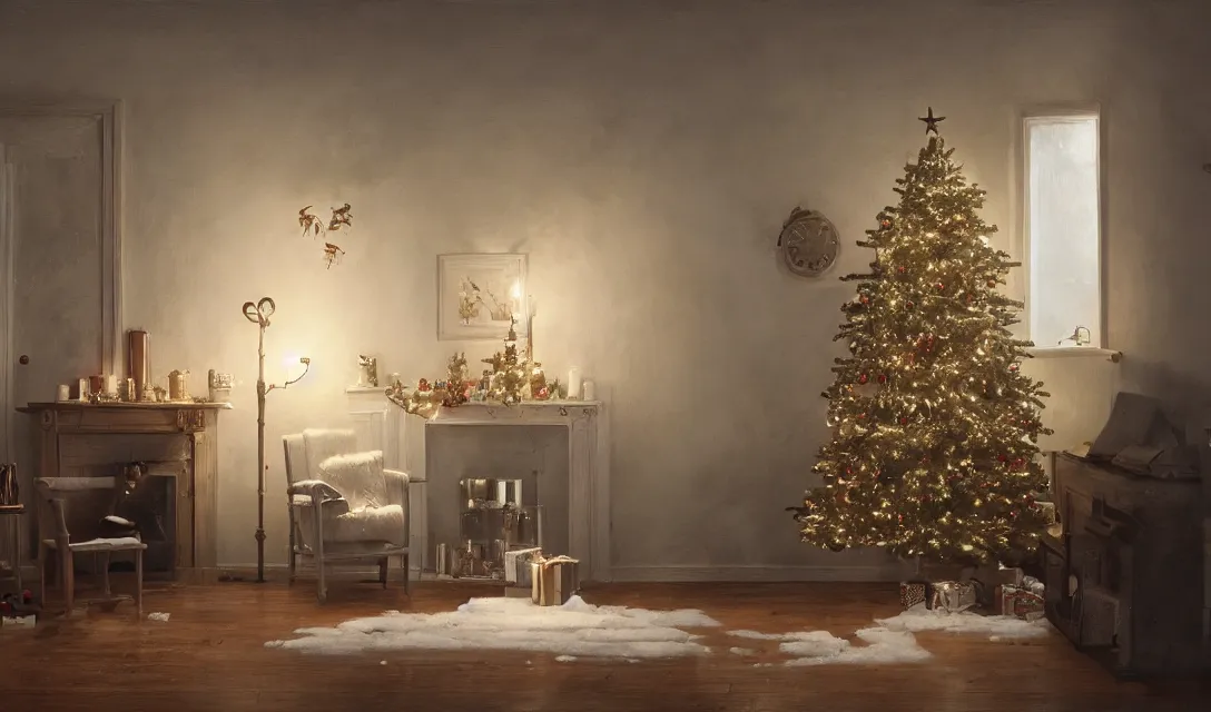 Prompt: a christmas eve photorealistic painting on the wall, ascher clemens, home, interior, octane render, deviantart, greg rutkowski, cinematic, key art, hyperrealism, canon eos c 3 0 0, ƒ 1. 8, 3 5 mm, 8 k, medium - format print