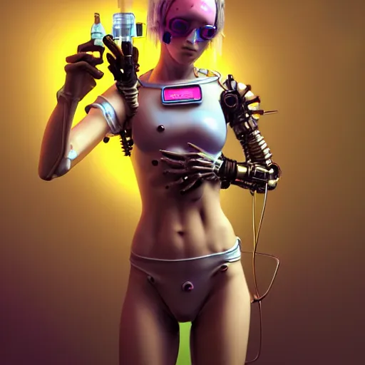 Image similar to cute cyberpunk nurse girl wearing bikini armor holding a digital syringe, a virus nebula, biomechanical limbs, flesh torso, kowloon, symmetrical, photorealistic, daz 3 d, alphonse mucha and moebius and artgerm and greg rutkowski and hajime soriyama, ultra detailed, hyper realistic, octane render, trending on artstation