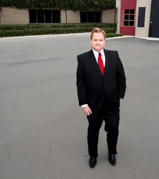 Image similar to Andy Richter is dressed in a black suit and a red necktie and riding a motorcycle into a studio lot. The studio lot is filled with Soundstages and movie trailers. It is a bright afternoon and overcast.