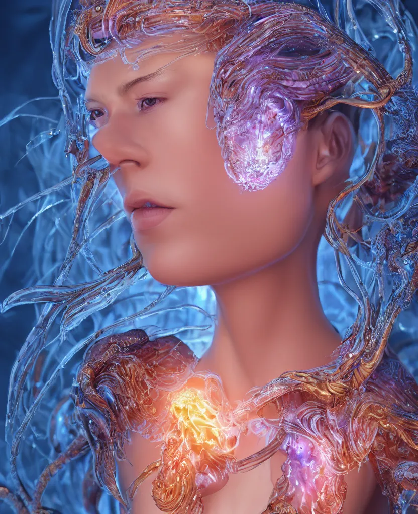 Image similar to close-up macro portrait of the face of a beautiful princess, epic angle and pose, symmetrical artwork, 3d with depth of field, blurred background, cybernetic jellyfish female face skull phoenix bird, translucent, nautilus, energy flows of water and fire. a highly detailed epic cinematic concept art CG render. made in Maya, Blender and Photoshop, octane render, excellent composition, cinematic dystopian brutalist atmosphere, dynamic dramatic cinematic lighting, aesthetic, very inspirational, arthouse. y Greg Rutkowski, Ilya Kuvshinov, WLOP, Stanley Artgerm Lau, Ruan Jia and Fenghua Zhong