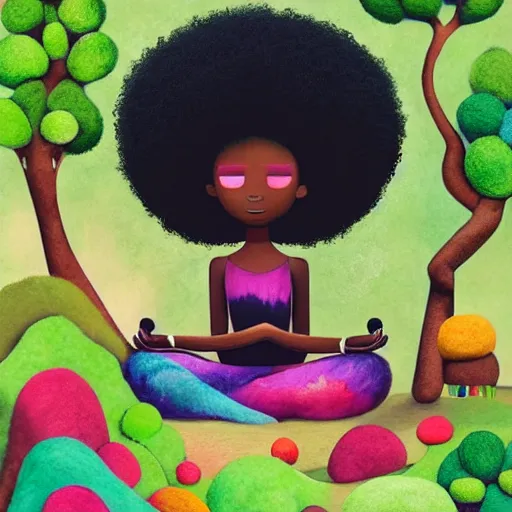 Image similar to a black girl with a colorful afro and big beautiful eyes meditating in an african zen garden with a waterfall!! and a baobab tree, bokeh!, bright colors, synthwave, watercolor, volumetric wool felting, felt, macro photography, children illustration, by goro fujita