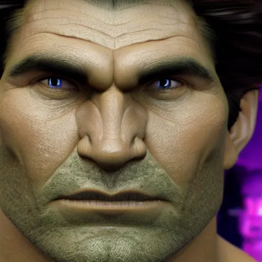 Image similar to detailed 3d render of the incredible hulks face, eric bana, lifelike textures and realistic hair, extreme close detail, high resolution, fine character detail