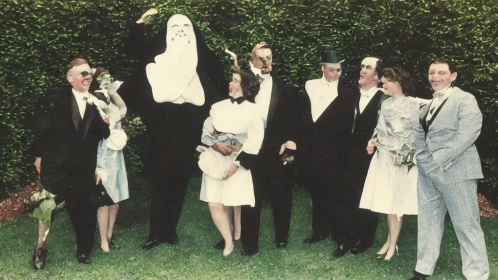 Prompt: a vintage color kodak photograph of cthulhu in a tuxedo socializing with some people at a fundraising in a private garden