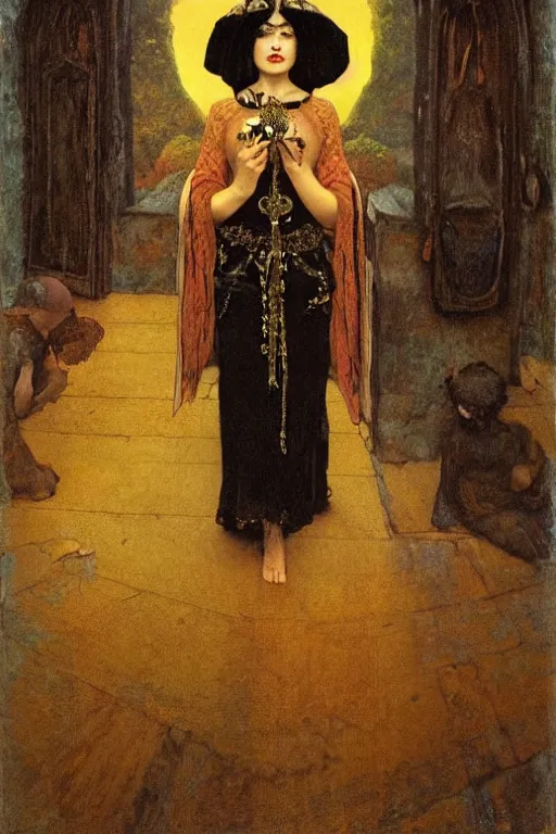 Image similar to portrait of the last goth witch with her lantern and regalia, by Annie Swynnerton and Nicholas Roerich and John Bauer and John William Godward and Donato Giancola and Vermeer, black leather and embroidered velvet, iridescent beetles, rich color, ornate headdress, flowing robes, lost runes, ancient civilizations, dramatic cinematic lighting, featured on Artstation, extremely detailed