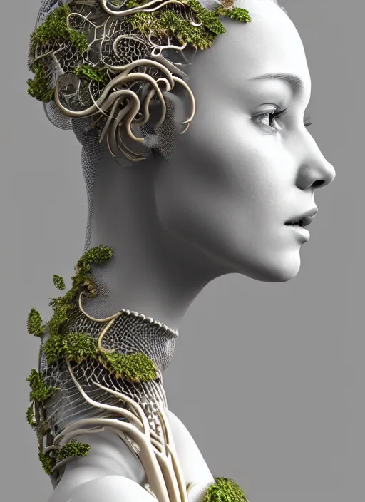 Image similar to complex 3d render ultra detailed of a beautiful porcelain profile woman face, mechanical cyborg, 150 mm, beautiful natural soft light, rim light, mechanical magnolia and ghost orchid big leaves and stems, roots, fine foliage lace, silver and gold details, ornate intricate, maze like, mesh wire hair, intricate details, hyperrealistic, ultra detailed, mandelbrot fractal, anatomical, red lips, white metal neocubism armor, facial muscles, cable wires, microchip, elegant, octane render, H.R. Giger style, 8k