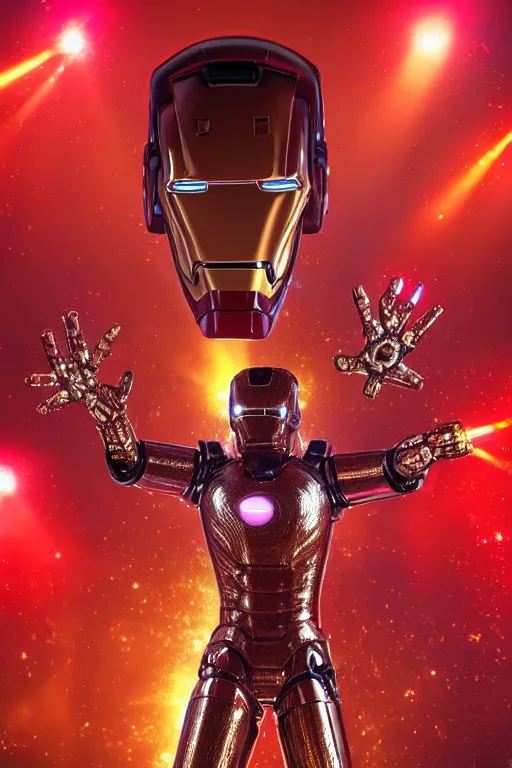 Prompt: portrait photo of michael jackson wearing a giant huge golden and red metal futuristic steampunk iron man suit with a red guitar covered with multicolored big gears and tubes, eyes are glowing red lightbulbs, shiny crisp finish, 3 d render, 8 k, insaneley detailed, fluorescent colors, background is multicolored lasershow