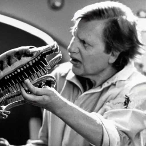 Image similar to cinematic still of sir david attenborough holding a xenomorph larva in awe in 1 9 7 9 movie alien, hd, 4 k