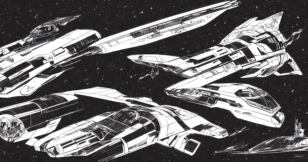 Prompt: concept sketches for a retro science-fiction space fighter Syd Mead